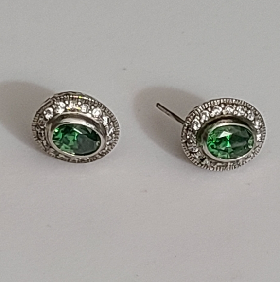 925 sterling green tourmaline diamonds earrings vintage sparkly - Picture 5 of 11